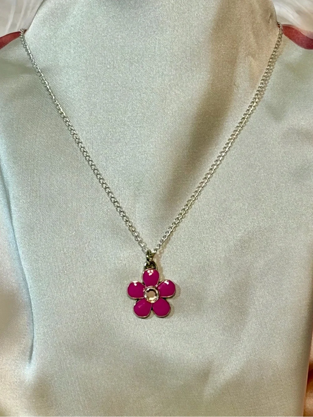 Coach Pink Enamel Crystal Flower Mini Pendant .925 Sterling Necklace NWOT